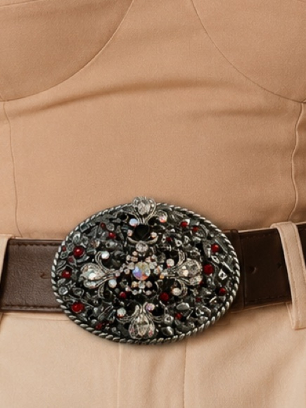 Western Rhinestone Belt Buckle | Silver Tone Red Crystal Statement Buckle